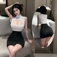 心機鏤空低胸緊身包臀裙女職業(yè)性感打底連衣裙外穿微透露出超短裙 黑拼白 均碼 （80-125斤）