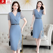 皮爾卡丹（pierre cardin）中長款連衣裙女2025新款韓版蕾絲拼接裙子收腰顯瘦時尚潮流包臀裙 淺藍色 M 85~100斤