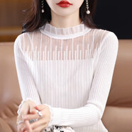 香影芬針織衫女秋冬新款蕾絲花邊長(cháng)袖毛衣女士半高領(lǐng)鏤空透肉針織打底衫 白色 S (建議95斤以?xún)?