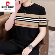 皮爾卡丹（pierre cardin）夏季男士冰絲短袖t恤時(shí)尚男人2025新款高檔男裝體恤條紋衣服T B10 黑色 4XL 160-175 斤