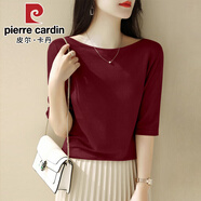 皮爾卡丹（pierre cardin）2025春夏女士針織衫修身洋氣時(shí)尚一字領(lǐng)五分袖T恤衫螺紋休閑通勤 2024酒紅色2025 XL 【建議110-125斤】