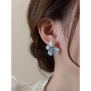 QUAMER藍色碎鉆水晶花朵珍珠耳環(huán)2024感耳釘女銀針小眾耳 藍色 花朵耳環(huán)