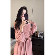 卡維妲趙露思同款連衣裙女2025秋季法式一字肩感泡泡袖粉色長裙 粉色 S