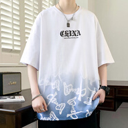 芊旻國潮短袖t恤男夏季新款圓領上衣服寬松時尚休閑五分袖青少年T恤 7715白色 M (約80-95斤可穿)