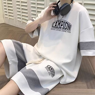 宗獅猴短袖T恤男士休閑套裝男韓版潮流寬松潮男五分半袖一套衣服男青少  F34白色套裝（上衣+褲子） L【建議110-120斤】