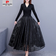 皮爾卡丹（pierre cardin）打底裙女春秋2025新款假兩件西裝領(lǐng)長袖黑色長款針織蕾絲裙連衣裙 黑色 M 【建議85-100斤左右】