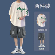 星宿搖（xingsuyao）夏季痞帥短袖t恤男潮流寬松學(xué)生鹽系男友風(fēng)一套搭配牛仔短褲套裝 【2件裝】純棉T恤白+黑灰短褲 XL