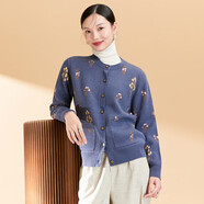 春竹2023秋冬新款圓領(lǐng)純羊毛衫復(fù)古提花針織開衫外套加厚毛衣女上衣 月影蘭 M XL/105C