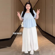 APKF胖妹妹大碼女裝夏季胖mm新款套裝顯瘦洋氣減齡時(shí)尚襯衫遮肚子寬松 藍色上衣 3XL 160-180