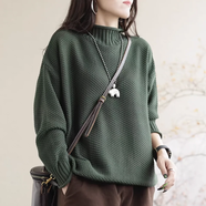 蘑菇同學(xué)大碼半高領(lǐng)粗線(xiàn)毛衣女秋冬2025年新款寬松休閑百搭套頭棉線(xiàn)針織衫 綠色 均碼 （建議100-180斤）