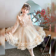 安妮優(yōu)兒（Anneyol）女童連衣裙春秋款裙子2025新款兒童洋氣秋裝小女孩衣服紅色公主裙 香檳色棉里 130