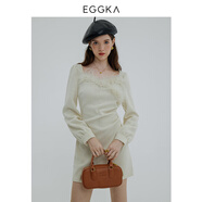 EGGKA 方領(lǐng)收腰連衣裙秋冬新款可愛溫柔氣質(zhì)甜美高腰長袖A字短裙 杏色 M
