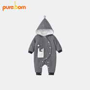 博睿恩（Pureborn）寶寶冬季夾棉保暖連體衣嬰兒可愛(ài)卡通外出爬服新生兒衣服 灰色 66cm