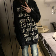 索宛亦美式毛茸茸慵懶風(fēng)字母圓領(lǐng)針織毛衣女學(xué)生秋冬寬松軟糯上衣中長款 黑色毛【高品質(zhì)】 S 哦