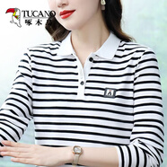 啄木鳥100%純棉女士上衣條紋長(zhǎng)袖t恤女春秋2025新款中年媽i媽顯瘦polo衫 黑白條紋長(zhǎng)袖 XL建議112-122斤