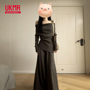 UKMR2025新款一字肩針織連衣裙子女秋冬季韓系慵懶風(fēng)穿搭一整套裝長裙 咖色套裝【富家千金感小香風(fēng)miu L 55/60kg