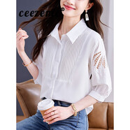 ceezemc香港潮牌雪紡襯衫女 2025夏季新款寬松休閑鏤空刺繡五分短袖襯衣 白色 L （105-115斤）