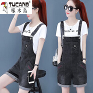 啄木鳥(niǎo)新款牛仔背帶褲女夏天新款時(shí)尚休閑吊帶短褲高腰顯瘦牛仔褲闊腿褲 9515#背帶褲【黑色】 L碼【建議111-120斤】