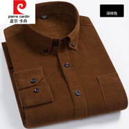皮爾卡丹（pierre cardin）春秋裝燈芯絨男襯衫長袖純色休閑寬松條絨襯衣加肥加大碼 深棕色 2XL (120)