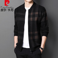 皮爾卡丹（pierre cardin）2024春秋冬加厚針織開衫男加大碼休閑格子棒球領(lǐng)胖子毛衣夾克外套 咖格 5XL 200 (適合220-240斤)