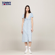 TOMMY JEANS夏季女裝復古鉚釘排扣深V領(lǐng)顯瘦泡泡袖牛仔長(cháng)裙連衣裙 淺牛仔藍1AB XS