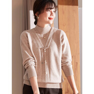 俞兆林（YUZHAOLIN）中年媽媽裝秋裝假兩件針織打底衫半高領(lǐng)中老年女裝春秋保暖毛衣服 FX71788219 米杏色 L 建議105-120斤