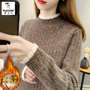 啄木鳥(niǎo)羊毛衫女加絨加厚半高領(lǐng)毛衣女秋冬季新款寬松洋氣保暖針織打底衫 咖啡色【全身加絨】 L 建議110-120斤