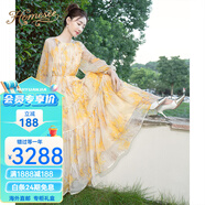 Homesee海外輕奢高端連衣裙同款碎花洋裝女裝圓領(lǐng)收腰顯瘦長(cháng)裙 黃色花- S