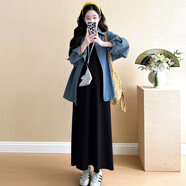 革曼孕婦裝夏季薄款2025韓版慵懶風(fēng)套裝襯衫孕婦連衣裙兩件套背心長裙 黑色吊帶裙+藍(lán)色襯衫 XL