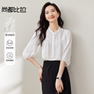 尚都比拉夏季洋氣隨性文藝氣質(zhì)通勤燈籠袖雪紡襯衫純色 白色 M 