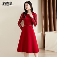 海青藍（CYANINE SEA）收腰減齡蕾絲拼接優(yōu)雅氣質(zhì)連衣裙2023秋冬新款女裝時(shí)尚高級感裙子 紅色 S