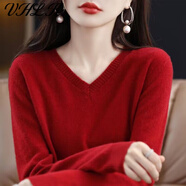 VHLK羊絨衫女2024秋冬新款V領(lǐng)保暖寬松套頭長(cháng)袖山羊絨衫毛衣女 大紅色 3XL 建議135--140斤