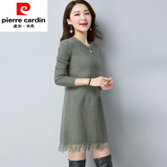 皮爾卡丹2023秋冬裝加厚毛衣女新款韓版中長款打底衫蕾絲圓領針織衫 綠色 XL