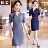 晨芙職業(yè)連衣裙女夏季V領(lǐng)時(shí)尚氣質(zhì)會(huì )所酒店前臺工裝珠寶美容院工作服 586灰色 S 建議80-90斤