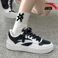安踏（ANTA）輕松板鞋女樹莓粉初高中學生潮流鞋子秋季新款厚底輕便小白鞋 -3紙莎白/黑 35.5