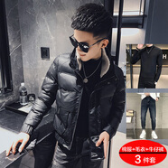 杰遜斯加厚保暖皮棉衣男冬季潮流羊羔毛領(lǐng)修身棉服皮衣外套男士痞帥棉襖 PM9816黑色（棉服+毛衣+褲子） M （95-110斤）