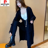 皮爾卡丹中長(zhǎng)款純色V領(lǐng)針織開(kāi)衫女慵懶風(fēng)韓版寬松毛衣女外套大衣披肩 黑色口袋 均碼 80-135斤