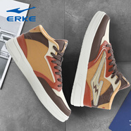 鴻星爾克高幫板鞋男鞋冬季國潮休閑滑板鞋紅星男士皮面防水耐磨運動(dòng)鞋男 1163焦糖黃棕/咖啡【加絨】 39