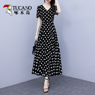 啄木鳥(niǎo)波點(diǎn)雪紡長(zhǎng)裙夏裝2025女裝新款圓點(diǎn)V領(lǐng)仙女氣質(zhì)短袖修身連衣裙女 黑色白波點(diǎn) XL 建議110-122斤