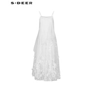 S.DEER圣迪奧女裝田園風(fēng)繡花歐根紗吊帶連衣裙S242Z1257 本白/9B L 170