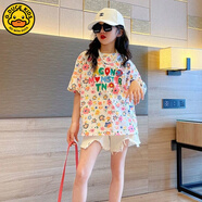 G·DUCK KIDS小黃鴨女童夏裝套裝新款洋氣中大童韓版夏季衣服網(wǎng)紅女孩炸街短褲 滿花T 140 純棉