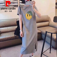 皮爾卡丹（pierre cardin）2024純棉短袖長裙寬松休閑過膝恤裙簡約中長款連衣裙女顯瘦夏季針 灰色(戴帽表情包款) L 105-125斤