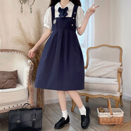 Baldauren女大童連衣裙10-19歲初高中學(xué)生少女孩夏季中長(cháng)裙娃娃領(lǐng)胖童大碼 藏青色-假兩件 優(yōu)質(zhì)面料棉 150 (S) 建議體重建議75--90斤