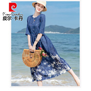 皮爾卡丹日本高端夏季印花苧麻連衣裙系帶文藝棉麻顯瘦a大擺長(zhǎng)裙氣質(zhì)女神 圖片色 L 【115-130斤】