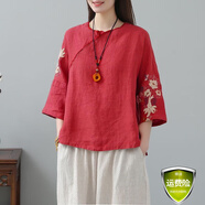 夏典素訂女王素訂棉麻復(fù)古上衣女2025刺繡文藝短款夏季女裝中國風(fēng)民族風(fēng)t恤 胭脂紅 XL 建議115-130斤