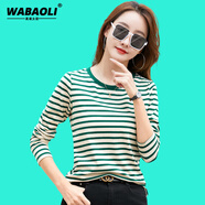 WABAOLI高檔品牌 條紋長袖T恤女2024新款春秋寬松薄款百搭打底衫減齡上衣 綠色【圓】 2XL 【建議體重120-130斤】