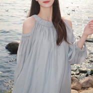 伊薇衣溫柔風(fēng)藍色露肩連衣裙女夏季2024新款茶歇法式顯瘦寬松仙女中長(cháng)裙 藍色面料aa M 適合86-105斤