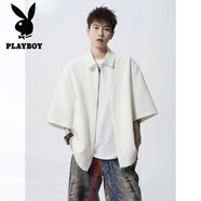 花花公子（PLAYBOY）美式冰絲短袖男春夏季百搭垂感休閑開衫T恤男設(shè)計(jì)感寬松夾克襯衫 米白色 XL 建議135-150斤