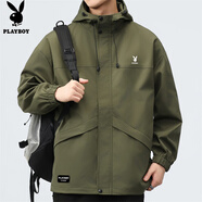 花花公子（PLAYBOY）外套男沖鋒夾克男裝春季男士休閑工裝連帽潮流上衣服 軍綠 XL