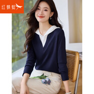 紅蜻蜓（RED DRAGONFLY）撞色假兩件拼接連帽T恤秋季女裝新款休閑設(shè)計(jì)感長袖T恤女上衣 藏青拼白 S【建議90斤以下】